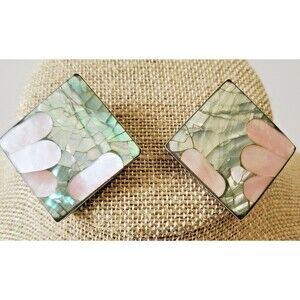 Vintage Earrings Mother of Pearl Inlay Shell Mosaic Silver Pink 90s Square Post